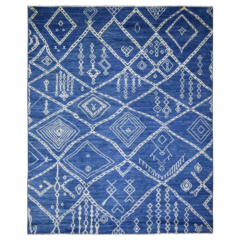 Shahbanu Rugs Denim Blue Hand Knotted Soft and Shiny Wool Moroccan